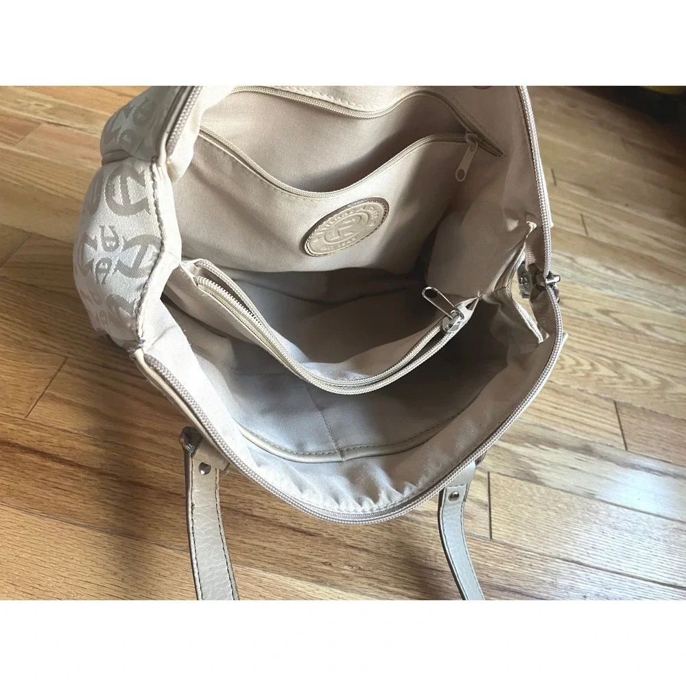 Etienne Aigner Beige Monogram Jacquard Shoulder Bag Purse Silver Hardware Summer